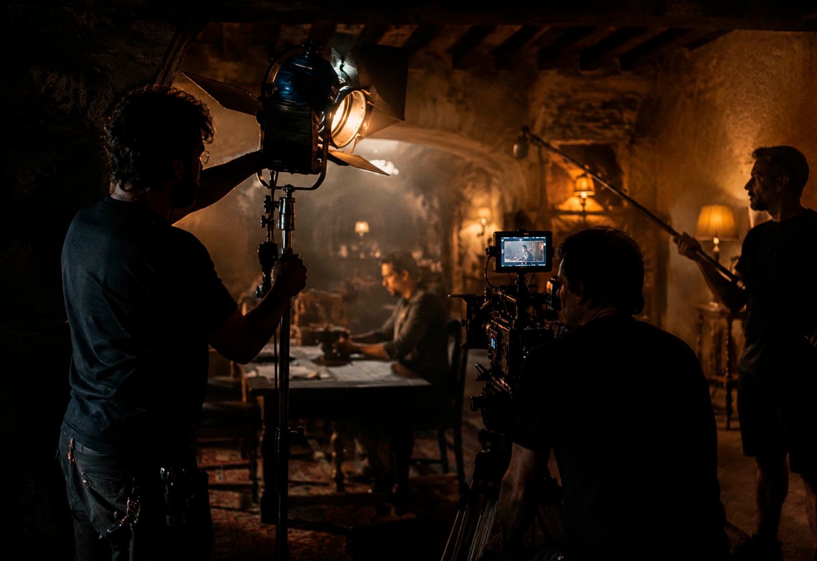 Film crew lighting setup in Spain